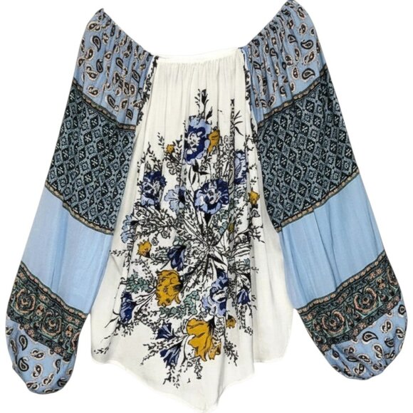 Free People Positano Blouse Ivory Multi Patchwork Balloon Sleeve XS - Picture 5 of 10